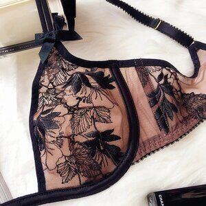 Agent Provocateur Petra Bra 32DD Sheer Black Floral Embroidered Mesh Bra